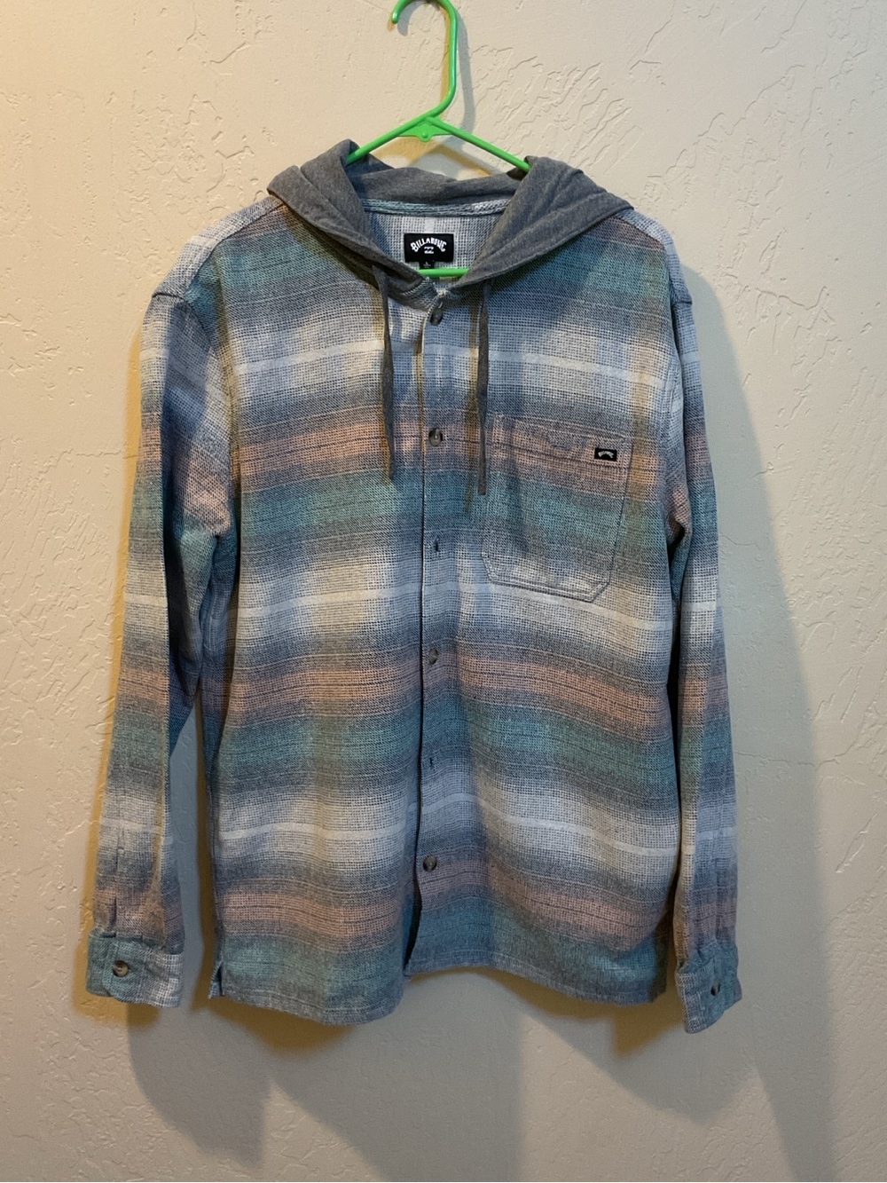 Billabong Hooded Flannel Shirt Jacket - Blue Multi large